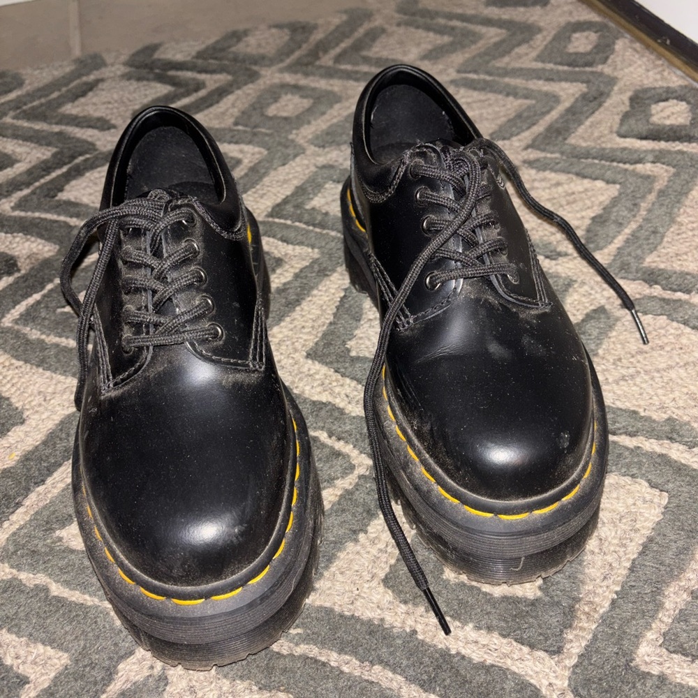Dr. Martens Black Leather Oxfords with Yellow Stitching
